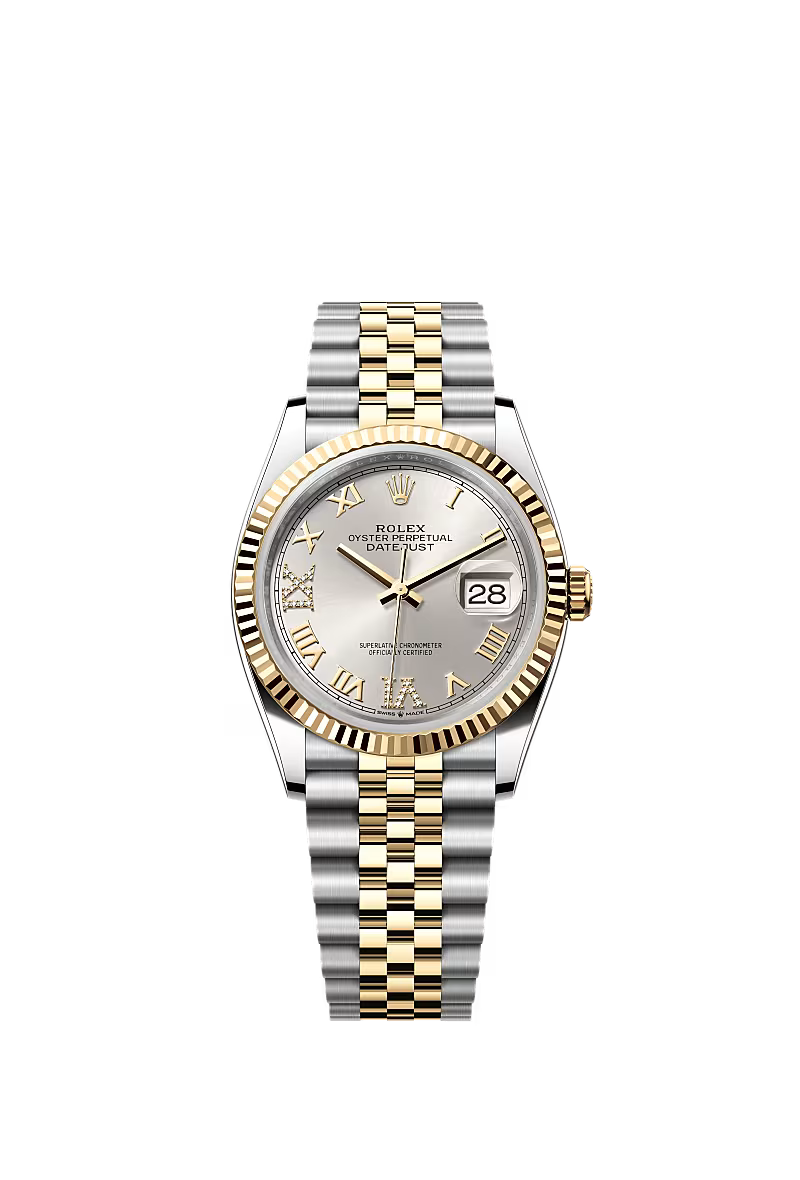 Women’s Rolex Datejust 36 Ref. 126233 – Yellow Rolesor, Fluted Bezel, Silver Dial with Diamonds, Jubilee Bracelet