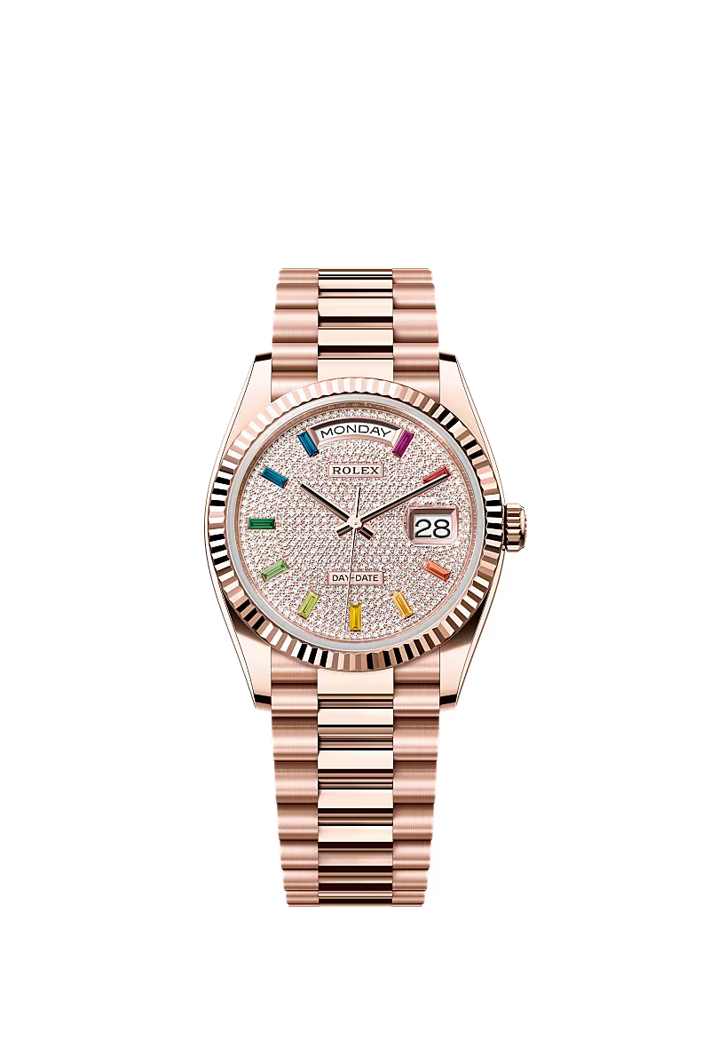 Men’s Rolex Day-Date 36 18K Everose Gold Diamond-Paved Rainbow Sapphire Dial Watch – Reference 128235 - Zeuskicks