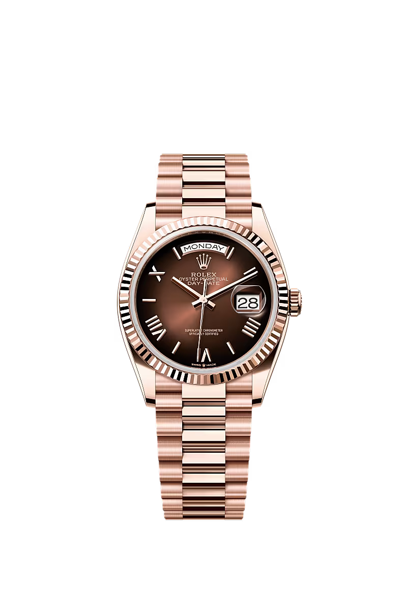 Men’s Rolex Day-Date 36 18K Everose Gold Brown Ombré Dial Watch – Reference 128235 - Zeuskicks