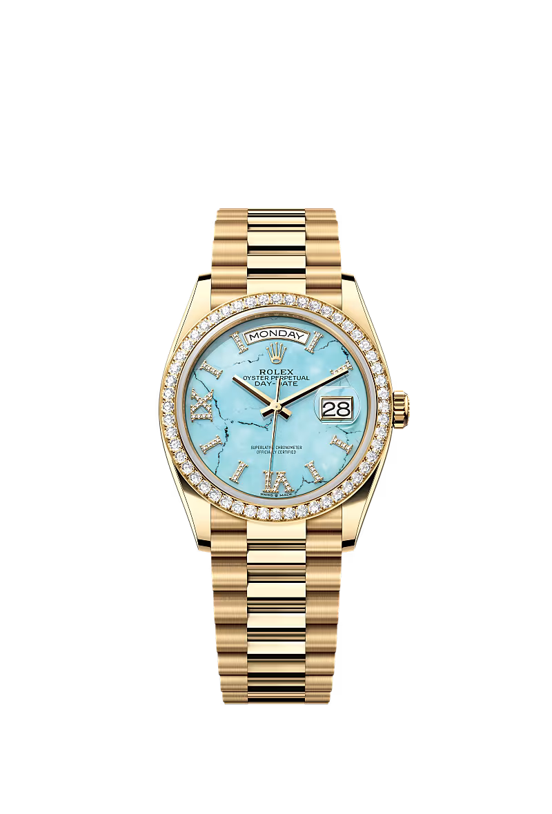 Rolex Day-Date 36 Ref. 128348RBR – Yellow Gold Watch with Turquoise Diamond Dial - Zeuskicks