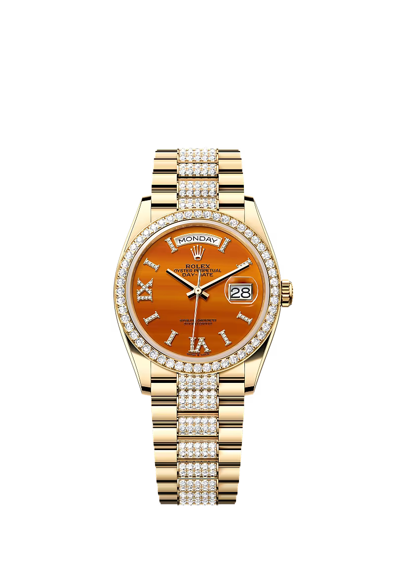 Men’s Rolex Day-Date 36 128348RBR Yellow Gold Carnelian Dial Diamond Watch - Zeuskicks