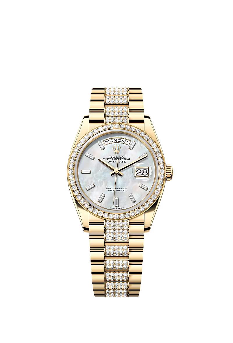 Men’s Rolex Day-Date 36 128348RBR Yellow Gold White Mother-of-Pearl Dial Diamond Watch - Zeuskicks