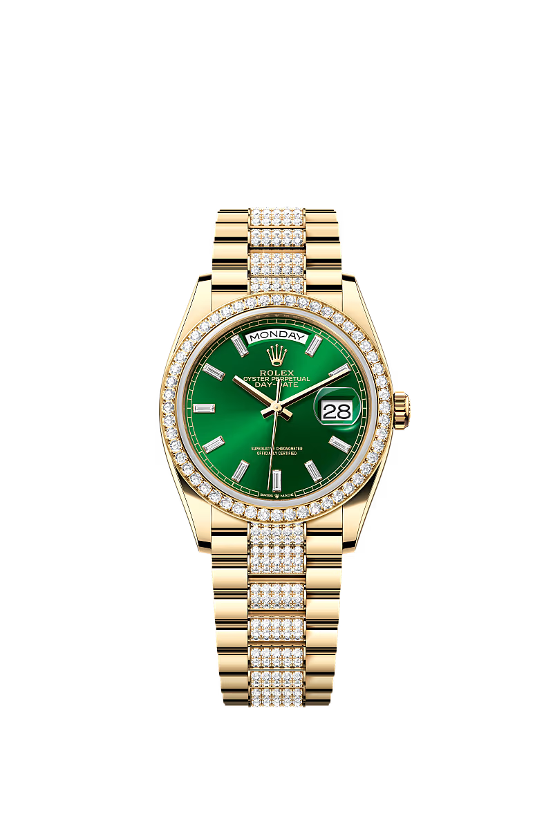 Men’s Rolex Day-Date 36 128348RBR Yellow Gold Bright Green Dial Diamond Watch - Zeuskicks