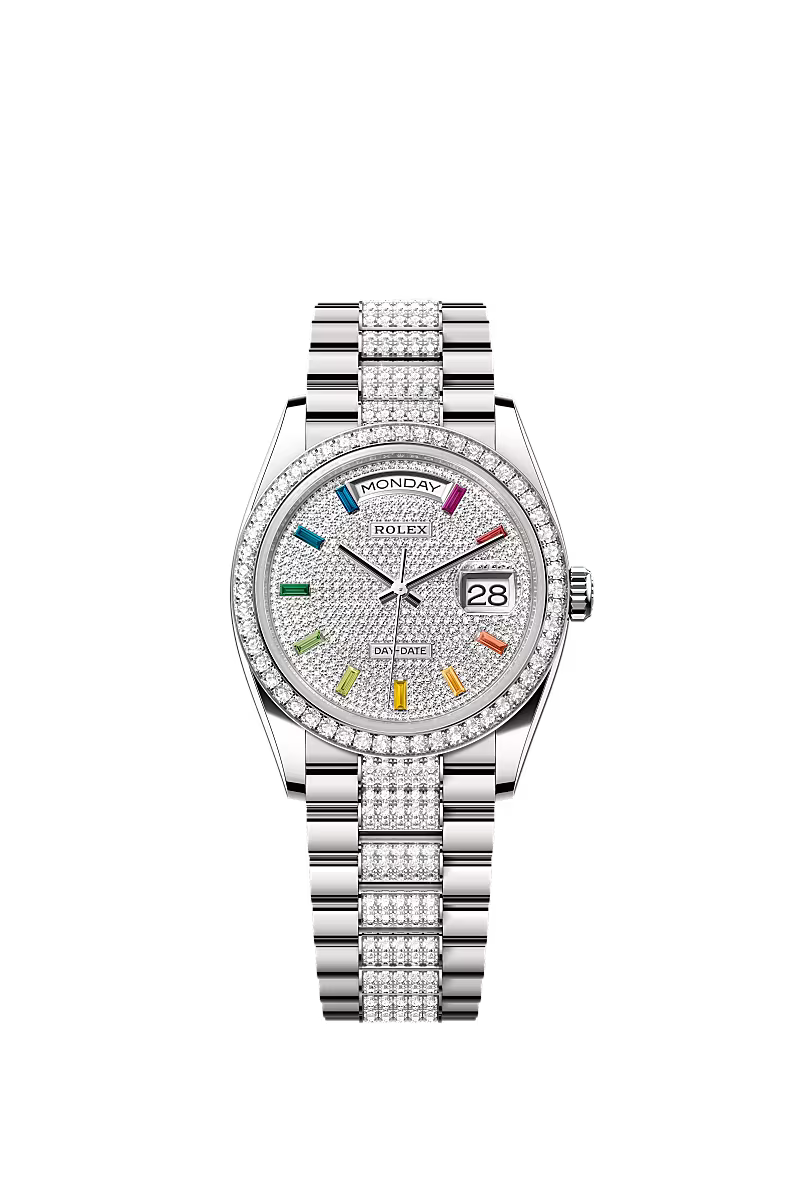 Men’s Rolex Day-Date 36 128349RBR Diamond-Paved Dial with Rainbow Sapphires - Zeuskicks