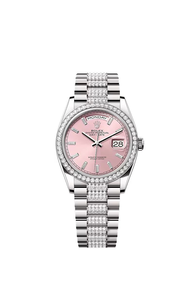 Men’s Rolex Day-Date 36 128349RBR Automatic White Gold Pink Diamond Watch - Zeuskicks