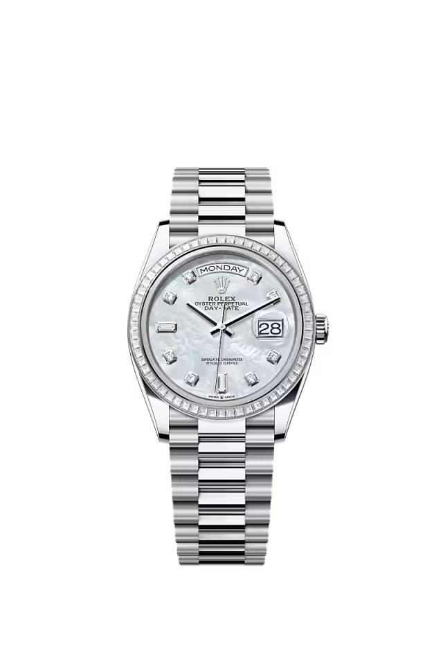 Men’s Rolex Day-Date 36 128396TBR Automatic Watch – Platinum & Diamond Mother-of-Pearl Dial - Zeuskicks