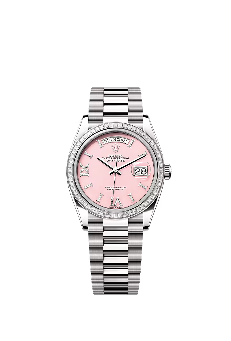 Men’s Rolex Day-Date 36 128399TBR Automatic White Gold Diamond Watch – Pink Opal Dial - Zeuskicks