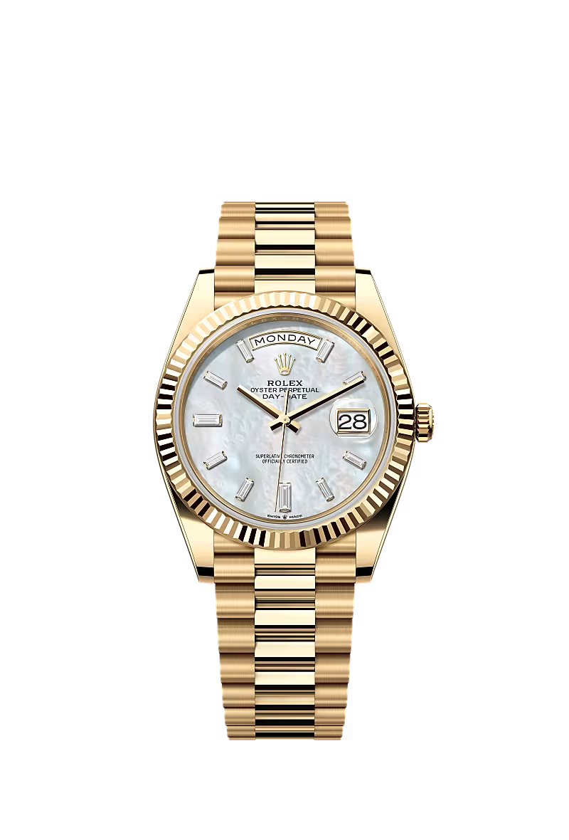 Men’s Rolex Day-Date 40 Ref. 228238 Yellow Gold Automatic Watch – White Mother Pearl Diamond Dial - Zeuskicks