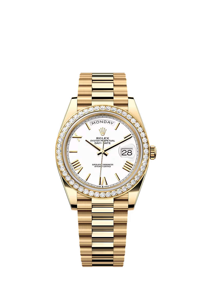 Rolex Day-Date 40 228348RBR Yellow Gold Diamond Bezel White Dial President - Zeuskicks