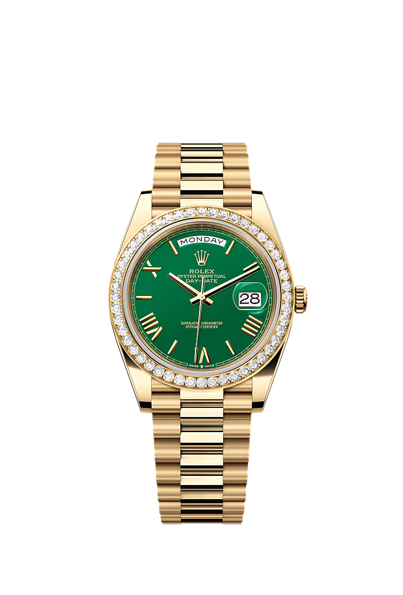 Rolex Day-Date 40 228348RBR Yellow Gold Diamond Bezel Green Dial President - Zeuskicks