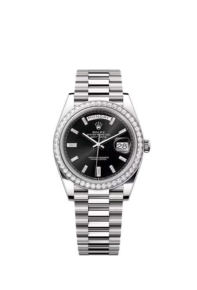 Men’s Rolex Day-Date 40 228349RBR Automatic White Gold Diamond Watch – Black Diamond Dial - Zeuskicks