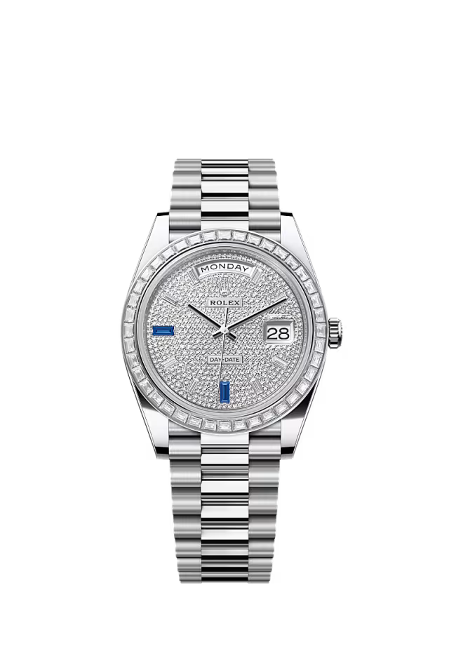 Men’s Rolex Day-Date 40 Platinum & Diamond Watch with Diamond-Paved Dial and Sapphires - Zeuskicks