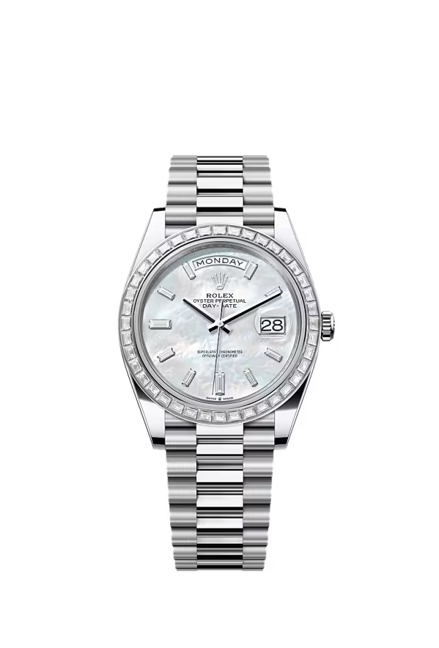 Men’s Rolex Day-Date 40 Platinum & Diamond Watch with White Mother-of-Pearl Dial - Zeuskicks