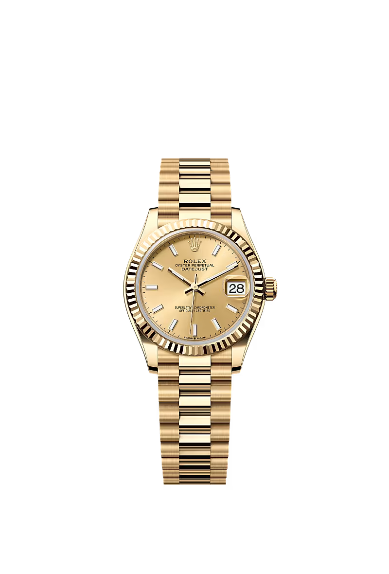 Women’s Rolex Datejust 31 278278 Automatic Watch – Champagne Dial with 18 kt Yellow Gold President Bracelet