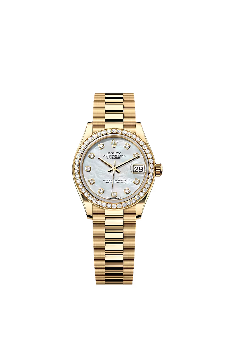 Women’s Rolex Datejust 31 278288RBR – White MOP Diamond Dial, Yellow Gold