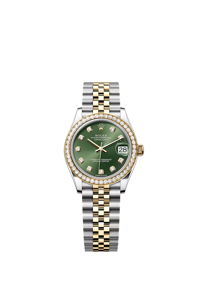 Women’s Rolex Datejust 31 Ref. 278383RBR – Yellow Rolesor, Diamond Bezel, Olive Green Dial, Jubilee Bracelet