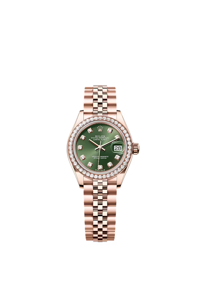 Women’s Rolex Lady-Datejust 28 mm Everose Gold Olive Green Diamond Dial Watch with Jubilee Bracelet - Zeuskicks