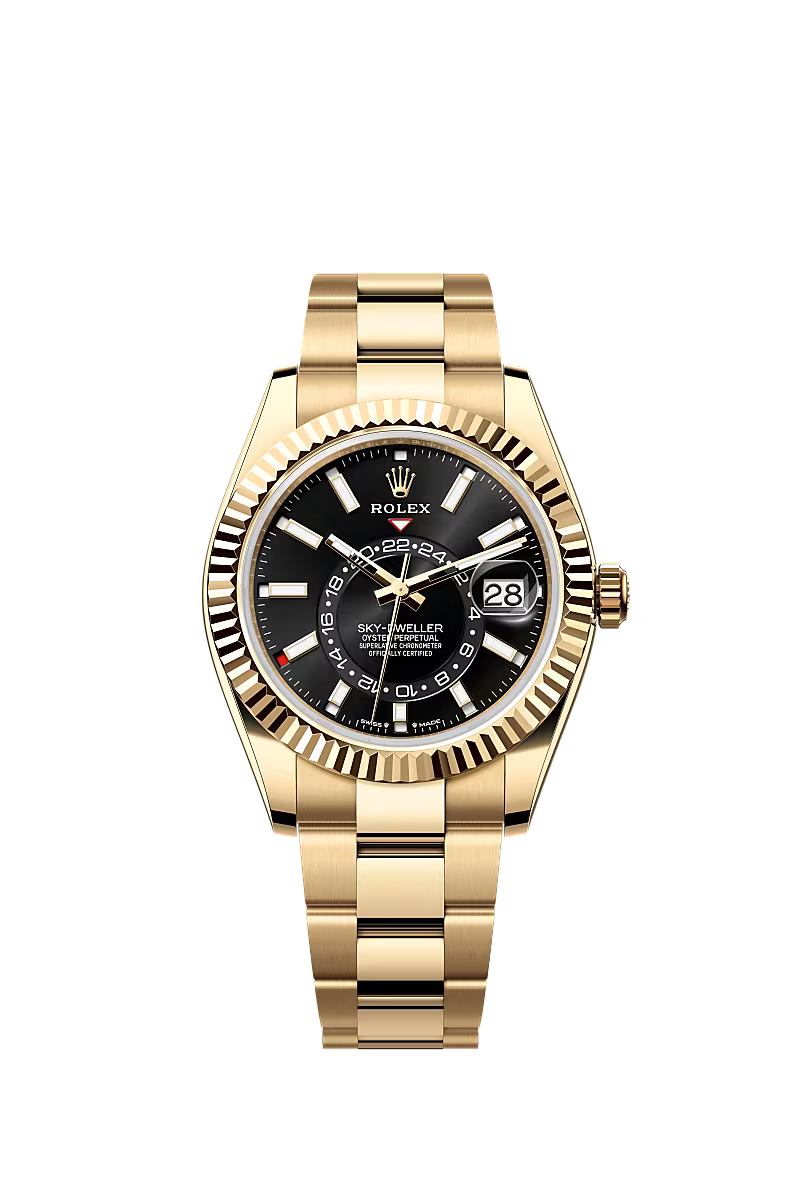 Men’s Rolex Sky-Dweller 42 mm Yellow Gold Automatic Watch – Bright Black Dial (Reference 336238) - Zeuskicks