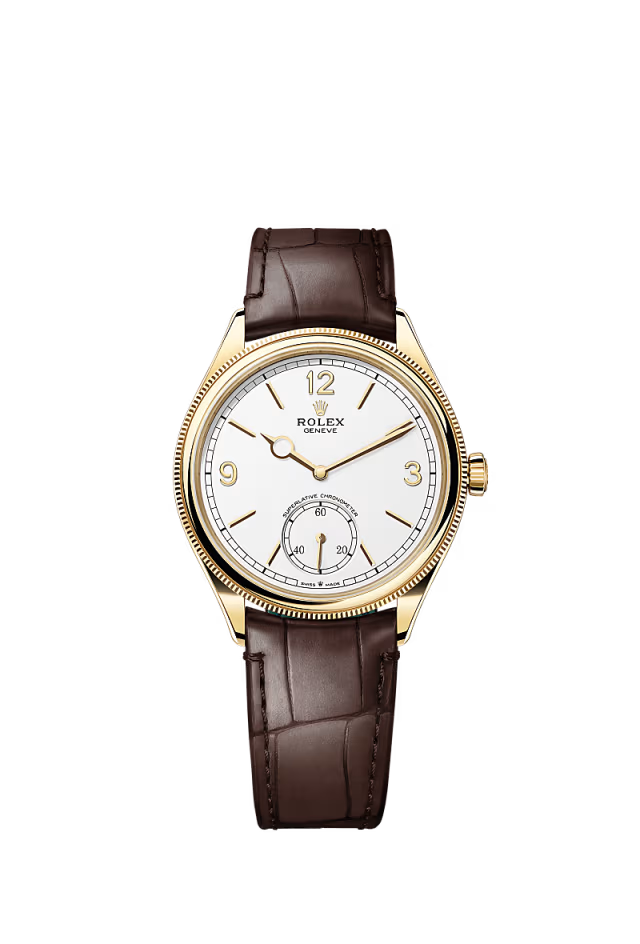Men’s Rolex 1908 52508 39 mm Yellow Gold Leather Strap Automatic Watch – Intense White Dial