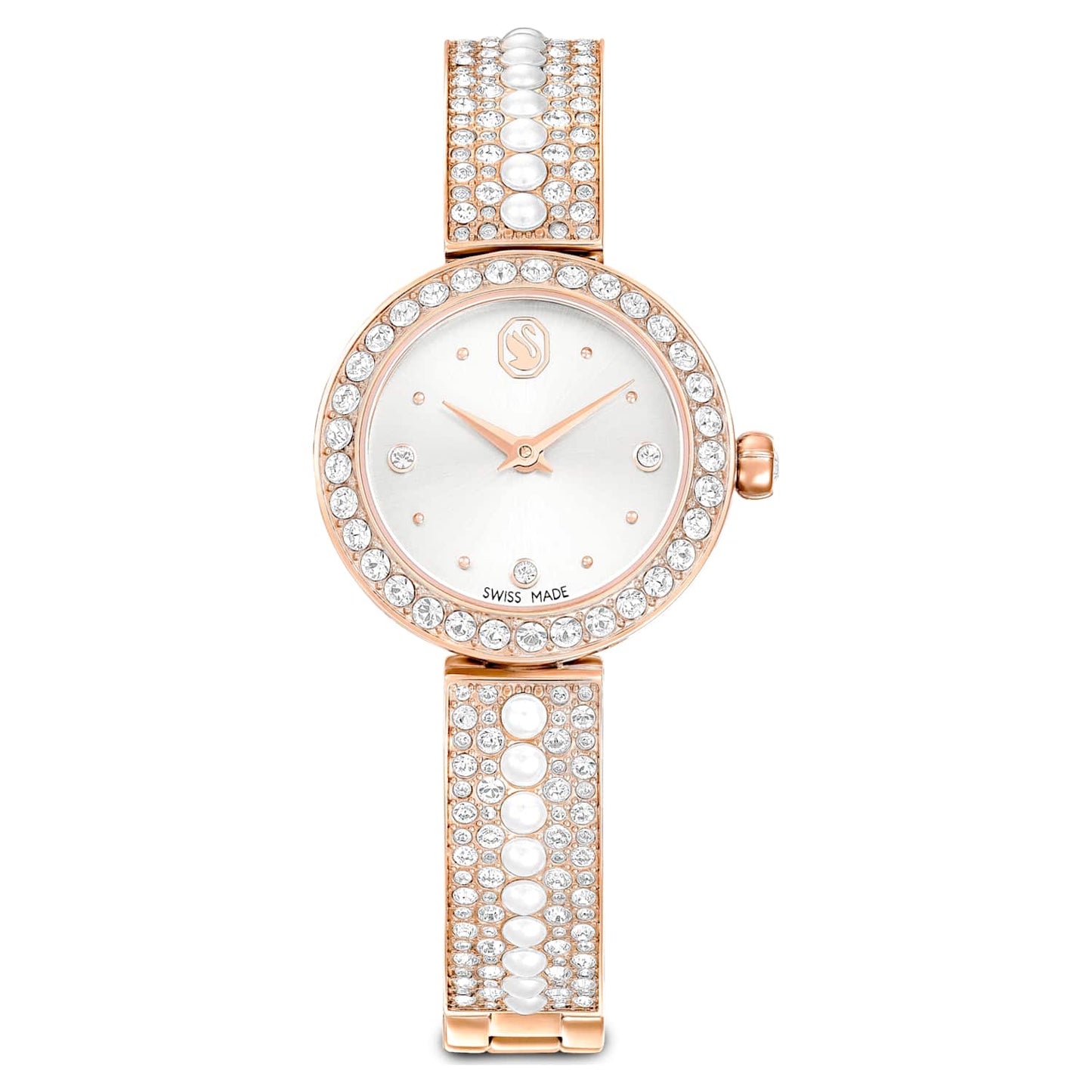 Matrix pearl bangle watch, Swiss Made, Crystal bracelet, White, Rose gold-tone finish