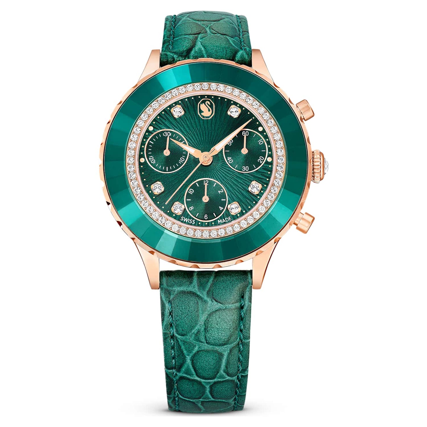 Octea chrono watch, Swiss Made, Leather strap, Green, Rose gold-tone finish