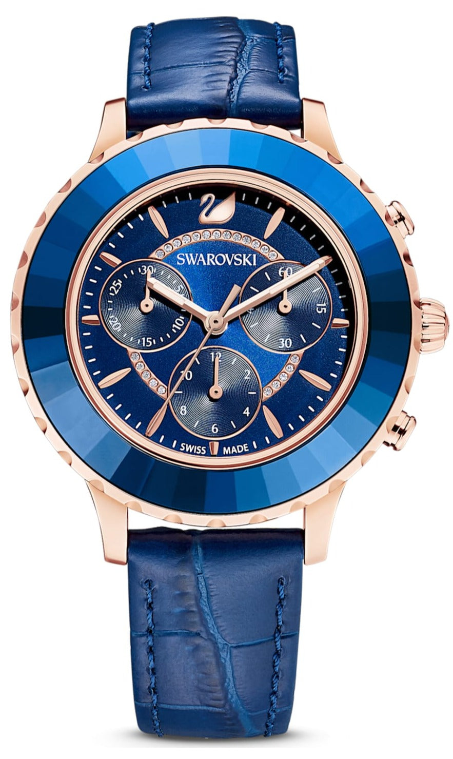 Swarovski Octea Lux Chrono watch, Swiss Made, Leather strap, Blue, Crystals — product photo (5563480)