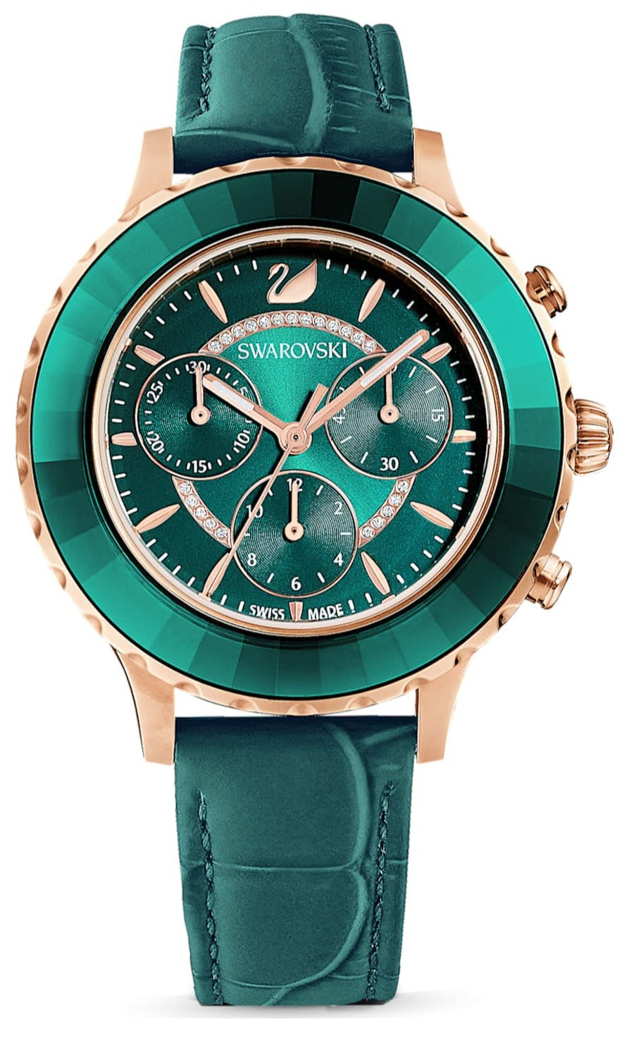 Swarovski Octea Lux Chrono watch, Swiss Made, Leather strap, Green, Crystals — product photo (5452498)