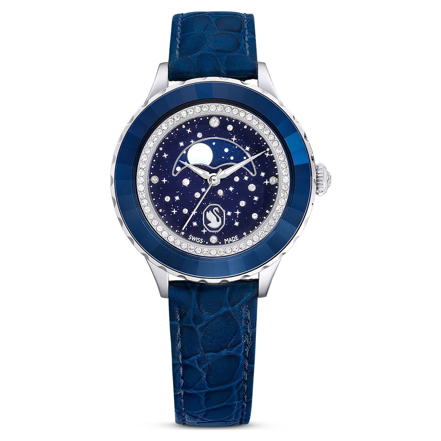 Octea moon watch, Swiss Made, Moon, Leather strap, Blue, Stainless steel
