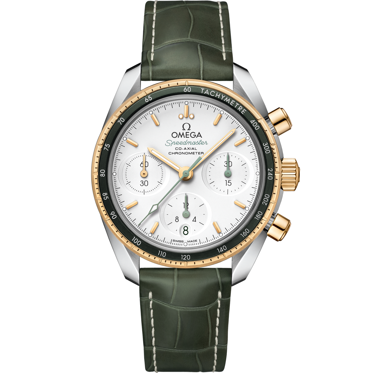 Speedmaster 38 mm, steel - yellow gold on leather strap - 324.23.38.50.02.001