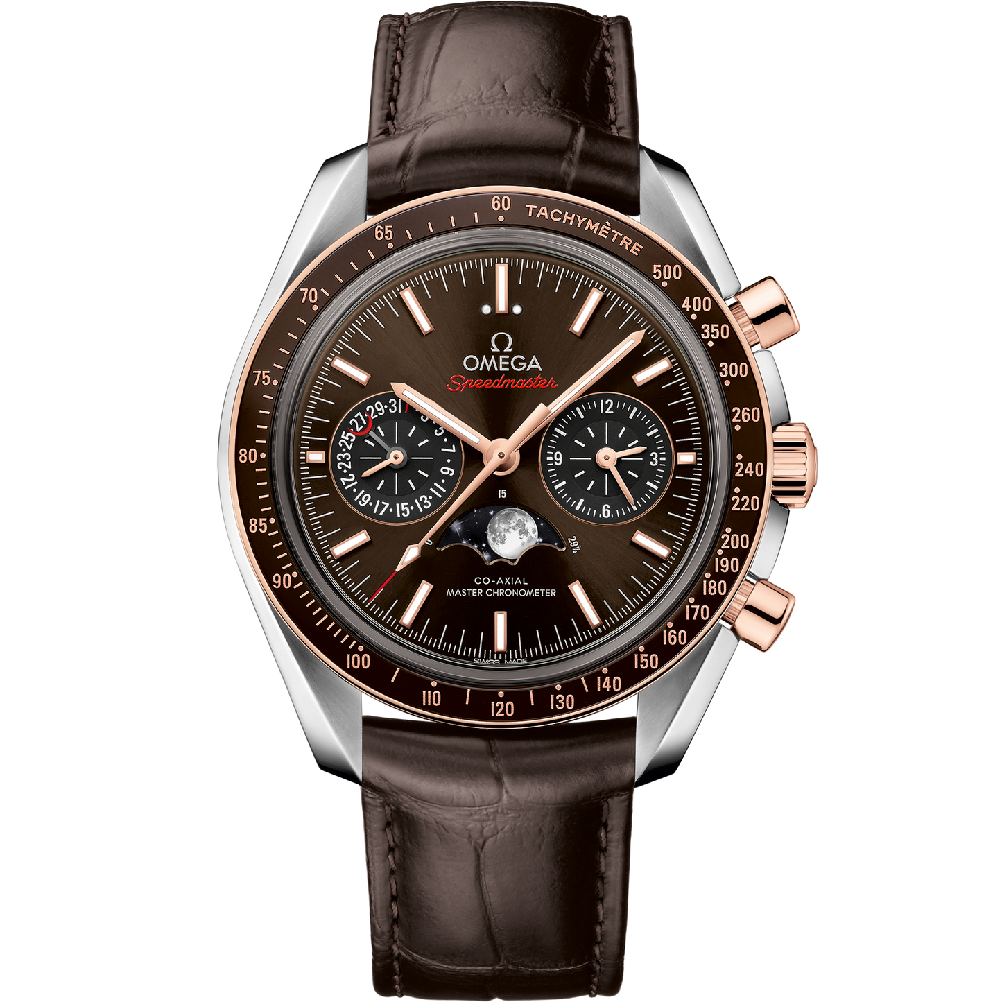 Speedmaster Moonphase 44.25 mm, steel - Sedna™ gold on leather strap - 304.23.44.52.13.001