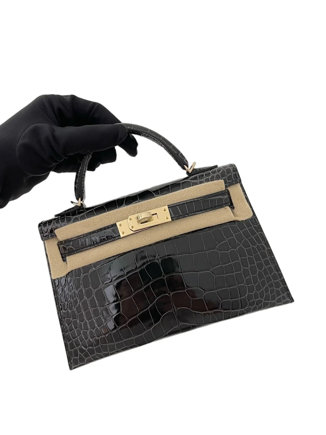 Hermès Mini Kelly II – Graphite Shiny Alligator with Light Gold Hardware