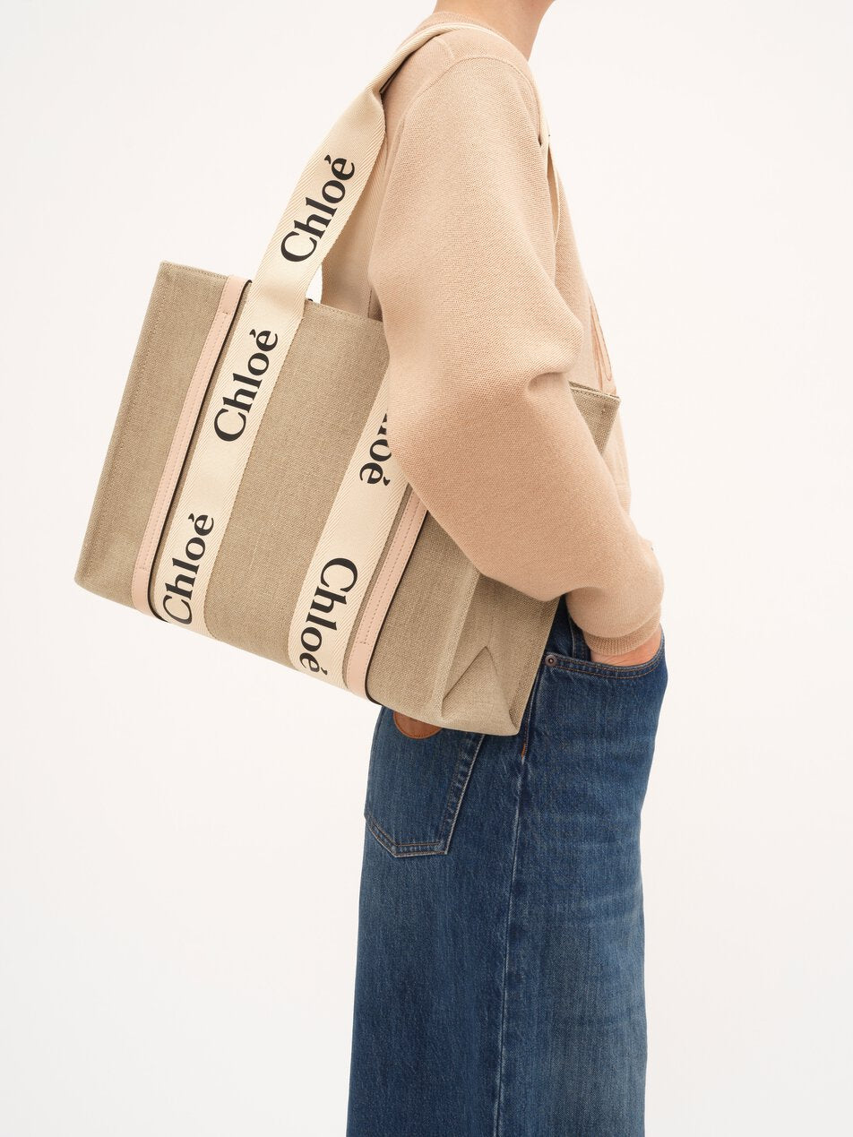 CHLOE Woody tote bag in linen Cement Pink by CHLOE