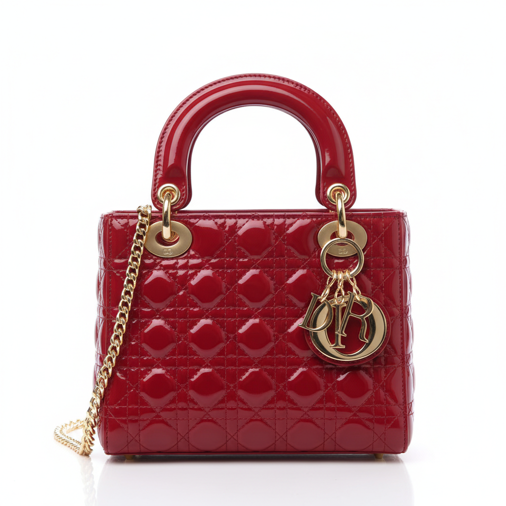 Christian Dior Small Lady Dior – Patent Cannage Cherry Red with Gold Hardware