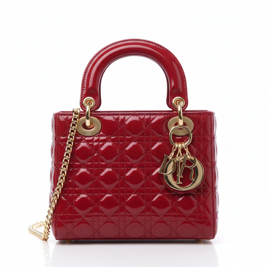 Christian Dior Small Lady Dior – Patent Cannage Cherry Red with Gold Hardware