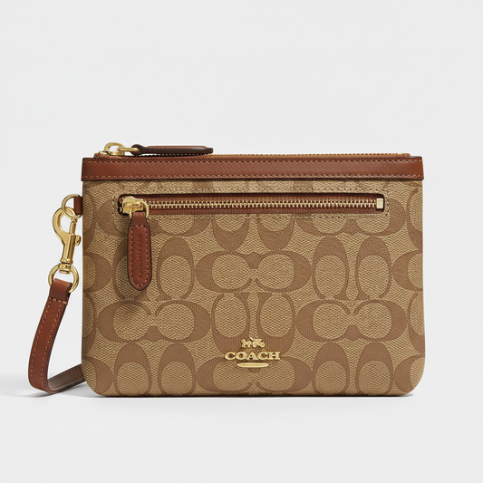 Coach Large Corner Zip Wristlet in Signature Canvas Gold/Khaki Saddle: The Perfect Blend of Luxury and Everyday Functionality