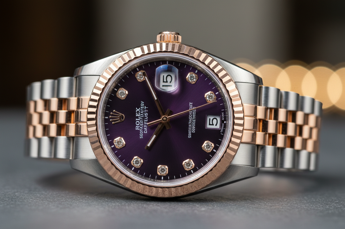 Rolex Datejust 31mm Rose Gold Steel Diamond Purple Dial Jubilee