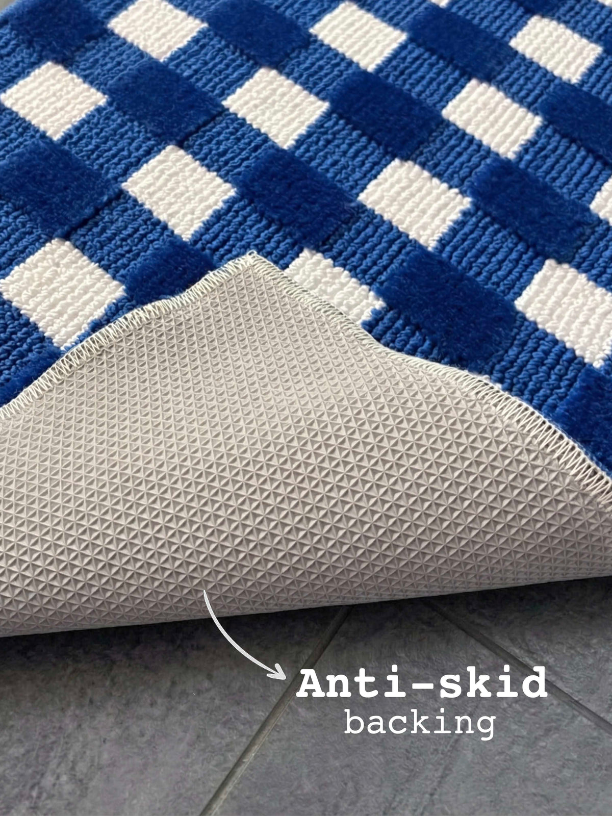 Blue & White Check high Low Bath Custom Mat by THE DRIP CO. RUGS
