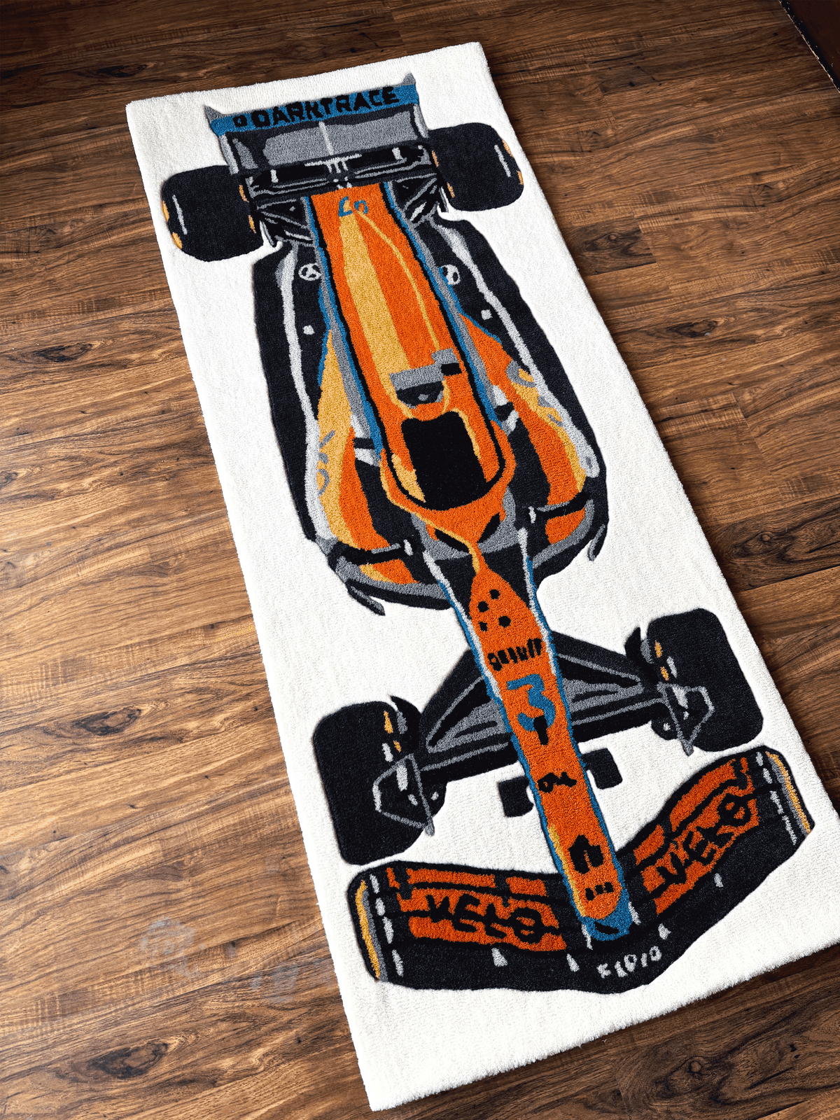 F1 McLaren inspired Racing Car hand tufted Custom Rug by THE DRIP CO. RUGS