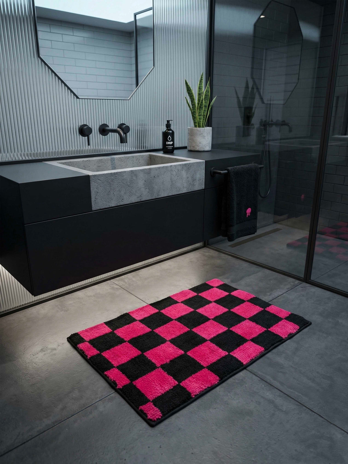 Pink & Black Check Bath Custom Mat by THE DRIP CO. RUGS