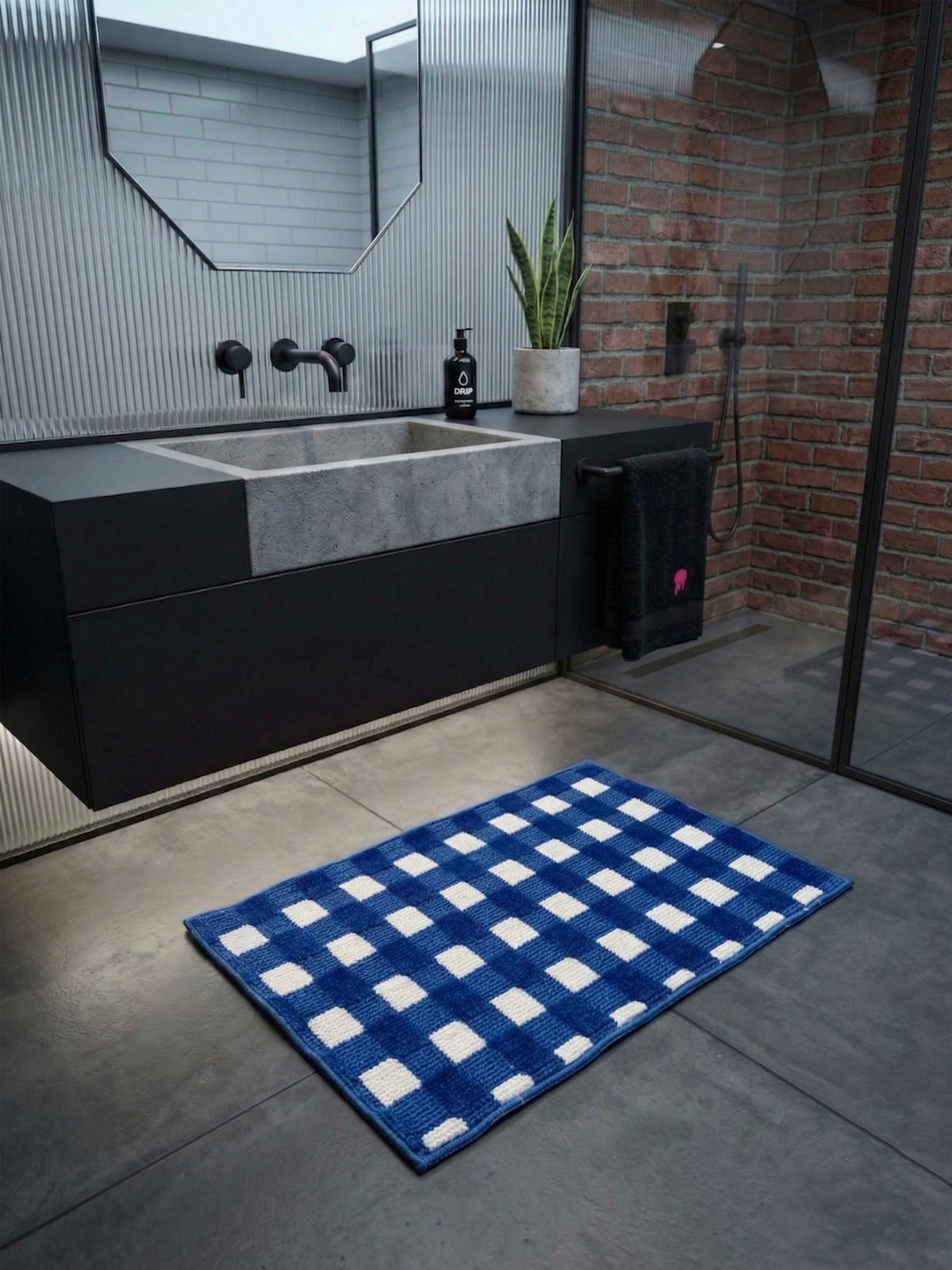 Blue & White Check high Low Bath Custom Mat by THE DRIP CO. RUGS