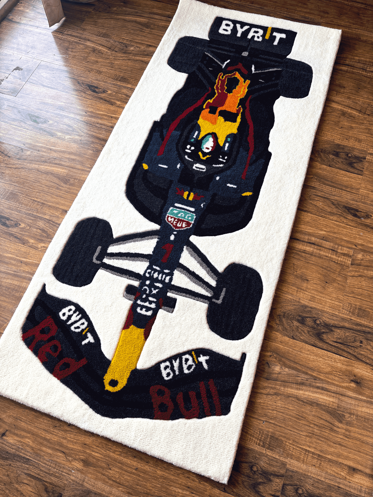 F1 Redbull inspired Racing Car hand tufted Custom Rug by THE DRIP CO. RUGS