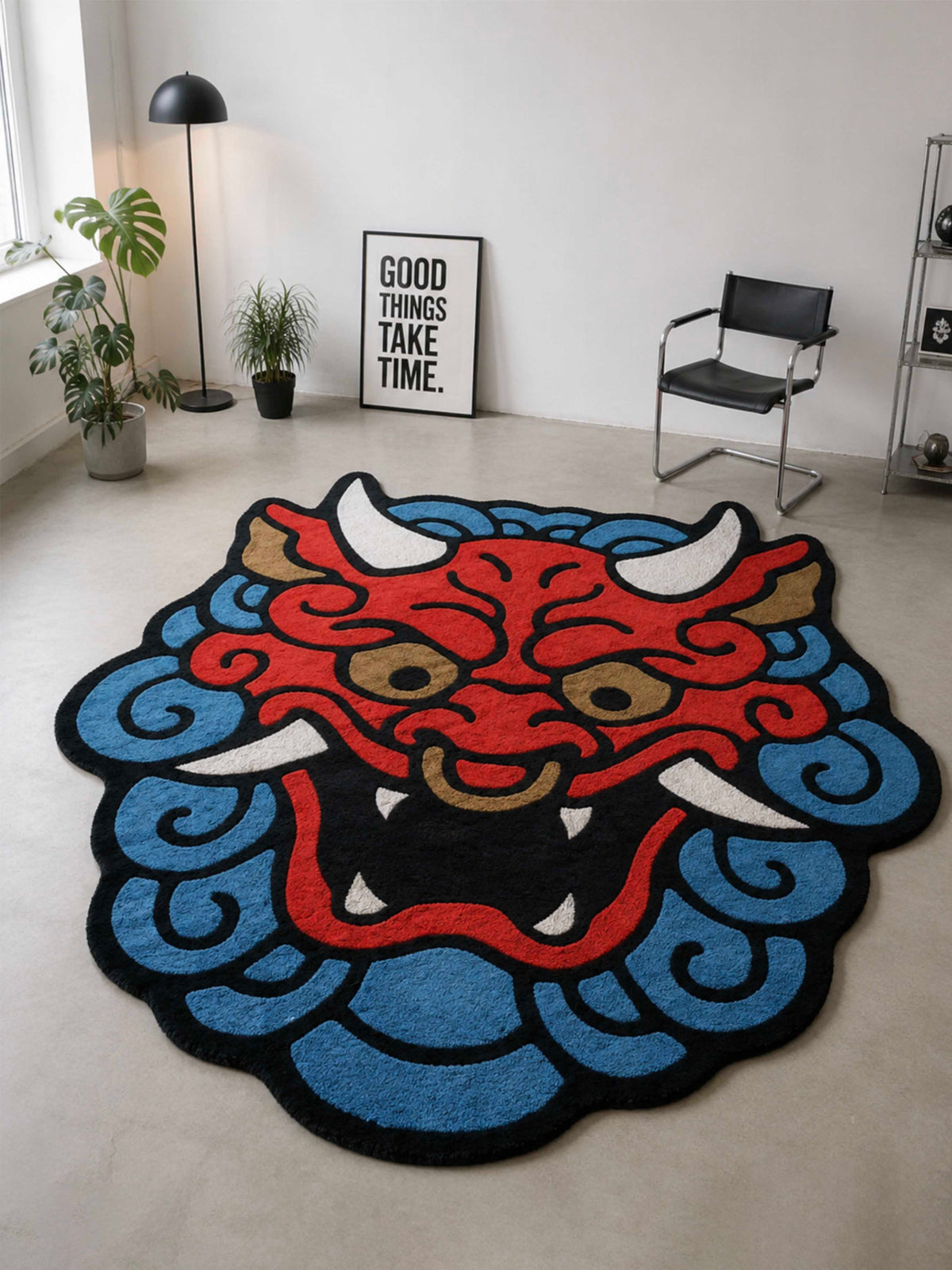 Red & blue dragon Face Hand Tufted Rug by THE DRIP CO. RUGS