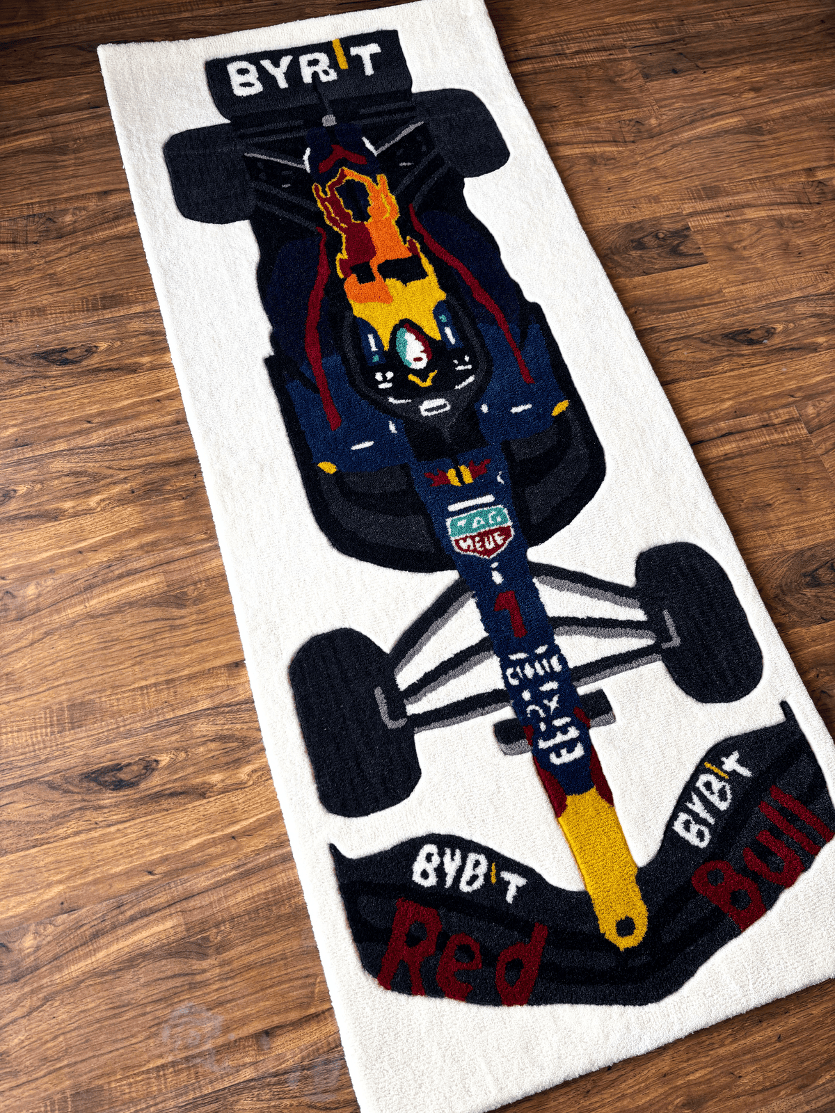 F1 Redbull inspired Racing Car hand tufted Custom Rug by THE DRIP CO. RUGS