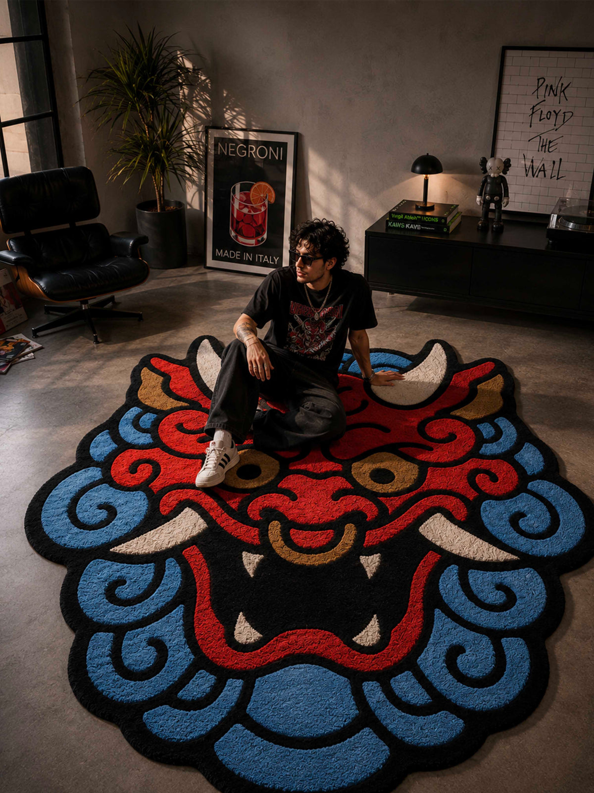 Red & blue dragon Face Hand Tufted Rug by THE DRIP CO. RUGS