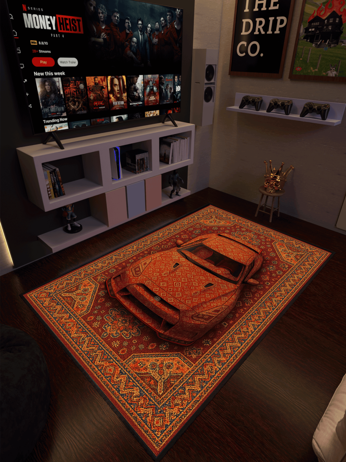 Red Racing car traditional design Washable Custom Rug by THE DRIP CO. RUGS