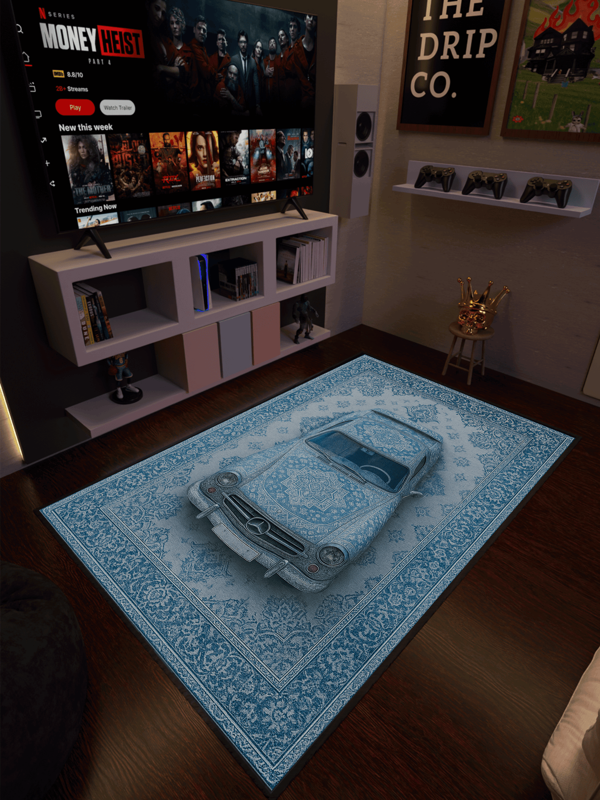 Vintage blue car traditional design Washable Custom  Rug by THE DRIP CO. RUGS
