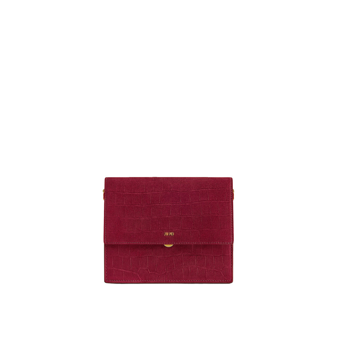JW PEI Mini Flap Faux Suede Croc Embossed Crossbody - Burgundy by JW PEI