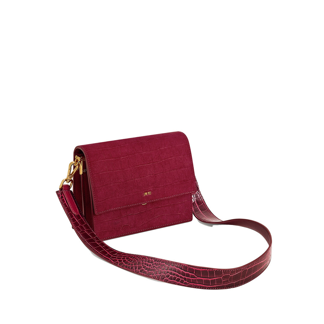 JW PEI Mini Flap Faux Suede Croc Embossed Crossbody - Burgundy by JW PEI