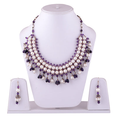 925 Sterling Silver Amethyst, Pearl Jewellery Set - R5000028-12