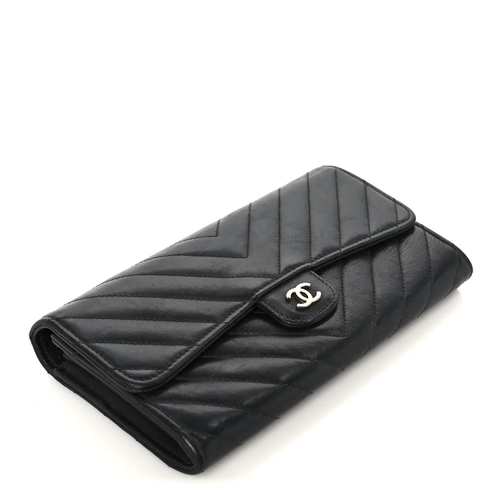 Chanel Calfskin Chevron Quilted Large Gusset Flap Wallet – Black